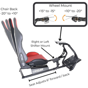 Conquer Racing Simulator Cockpit Driving Seat with Gear Shifter Mount Reclinable Gaming Chair